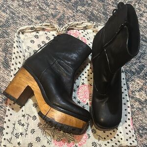 Free People Black Leather Platform Ankle Boots with Wood Block Heel